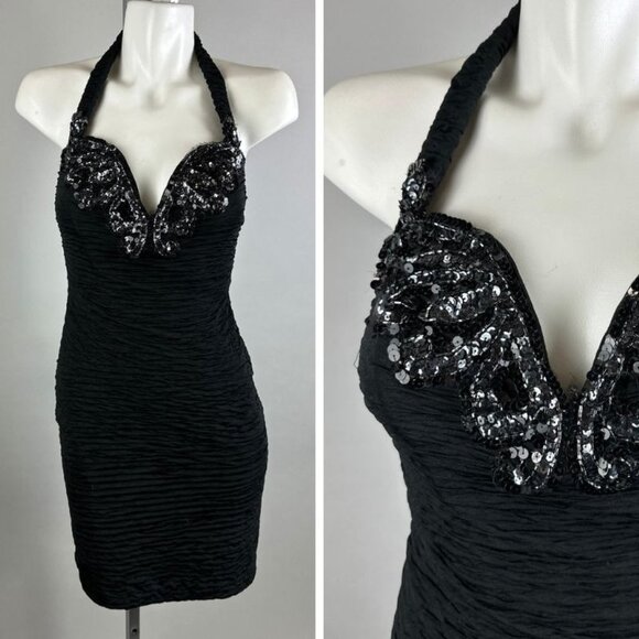 Vtg 90s Bari Jay Black Mini Coffin Ruched Halter Dress Deep V Sequins Size 3/4 - Picture 5 of 6